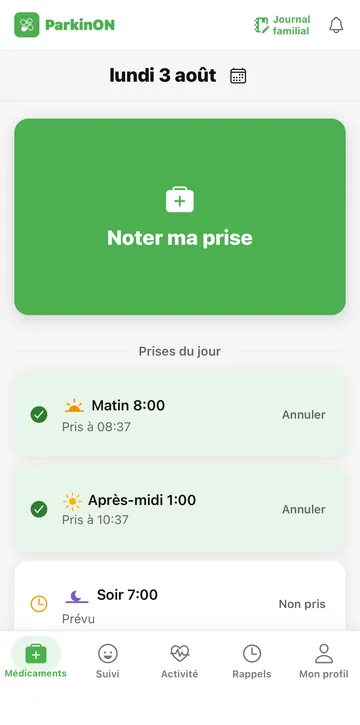 Appli ParkinON — écran de l’état des médicaments du jour