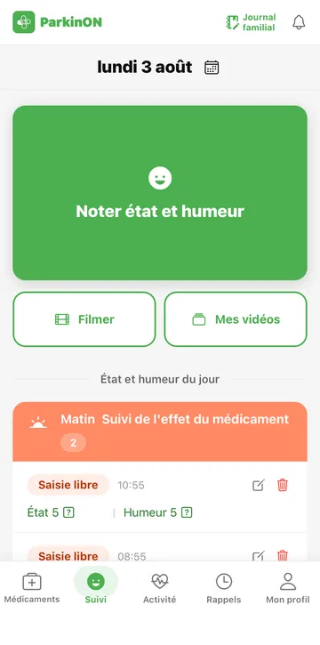 Appli ParkinON — écran de suivi de l’état physique et de l’humeur