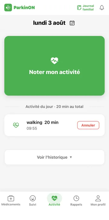 Appli ParkinON — écran du journal d’exercices