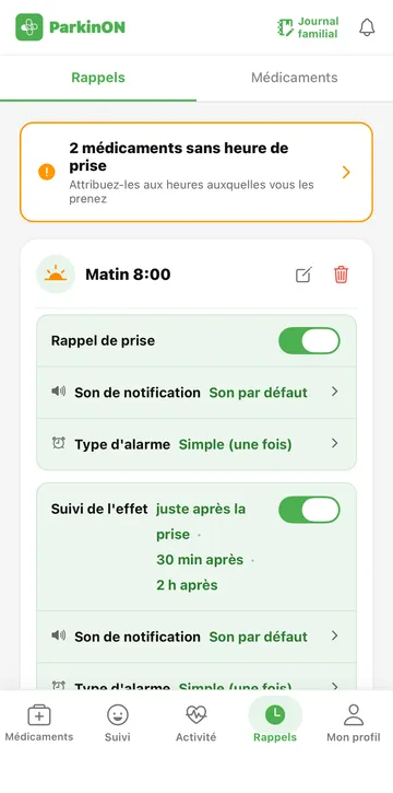 Appli ParkinON — écran de réglage des heures et des rappels