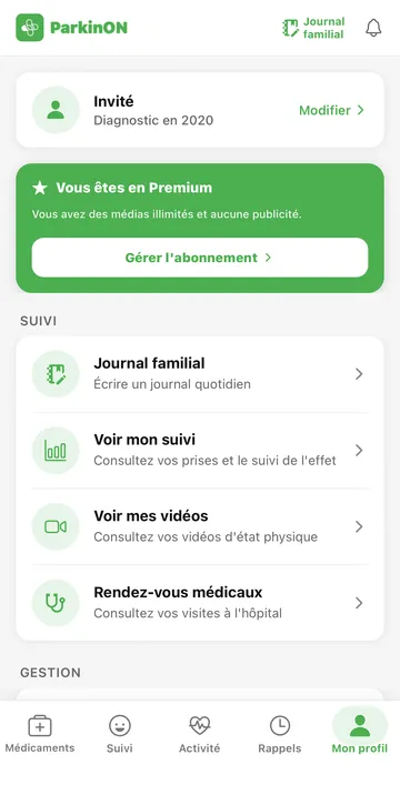 Appli ParkinON — menu de l’historique et journal familial