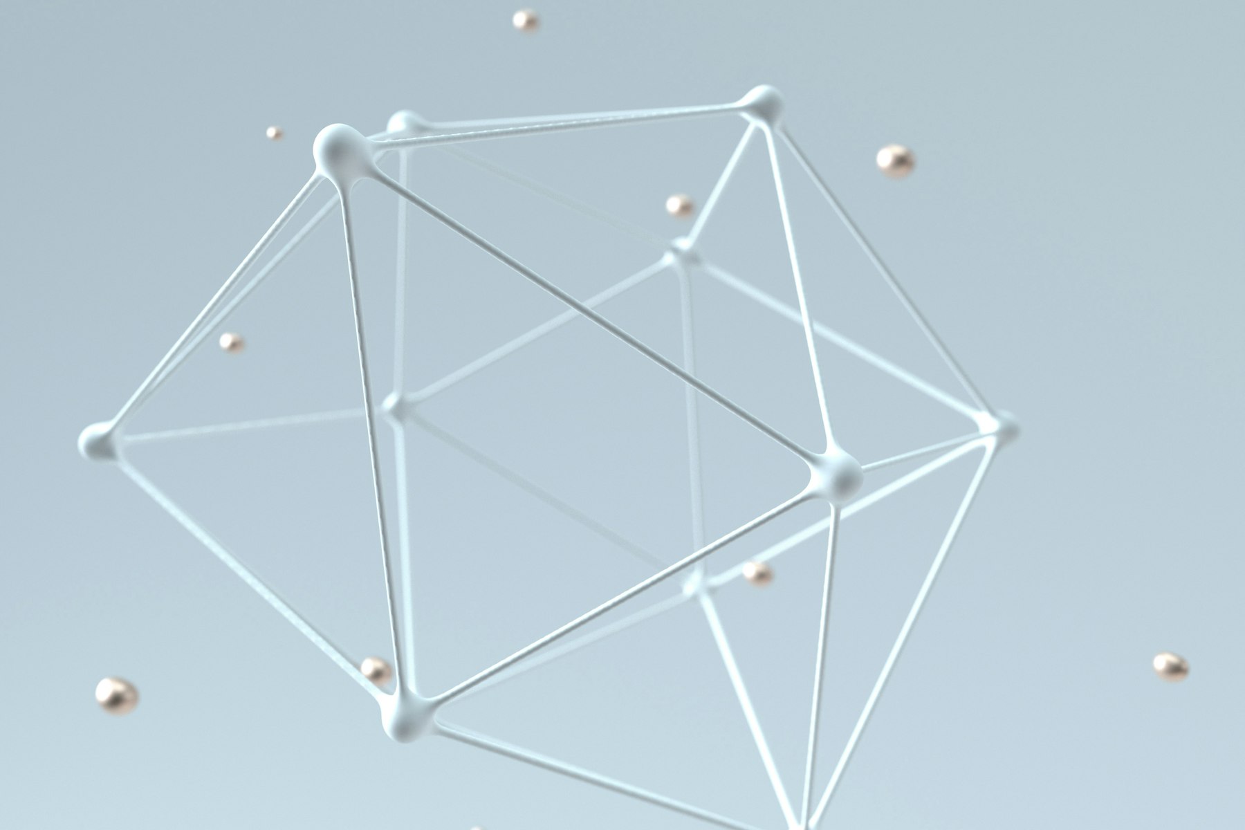 A 3D wireframe polyhedron rendering connected by metallic spheres